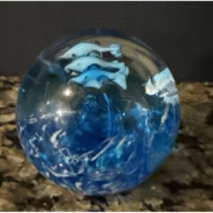 Art Glass Dolphins Fish Aquarium Paperweight Blue Heavy Decor Beach Nautical